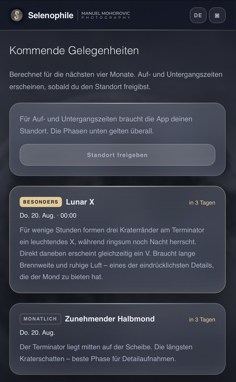 Selenophile – Mondfotografie App: Belichtung, Planung &amp; Termine