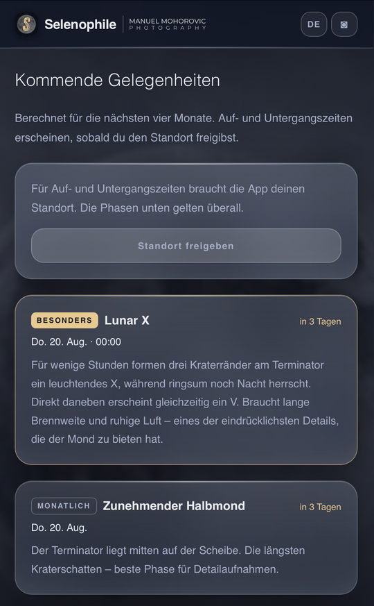 Selenophile – Mondfotografie App: Belichtung, Planung &amp; Termine